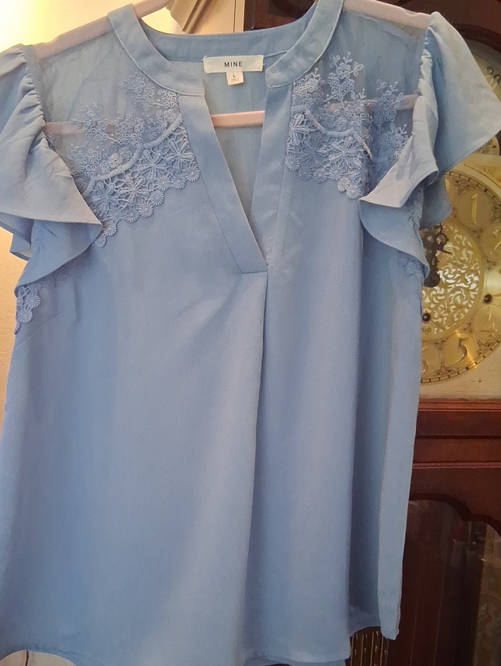 MINE Sky Blue Lace Yoke Flutter Sleeve Blouse